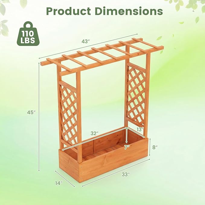 Giantex Wooden Raised Garden Bed with Trellis & Hanging Roof, Fir Wood Planter Box, 45" Freestanding Elevated Garden Bed for Outdoor Climbing Plants Vegetables Flowers, Patio & Balcony, Orange