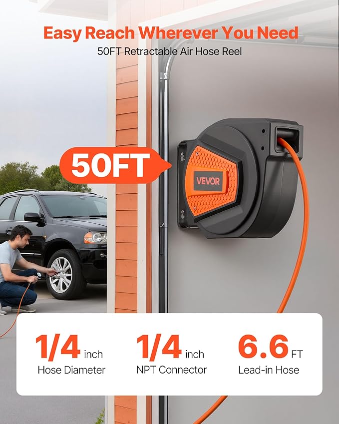 VEVOR Retractable Air Hose Reel, 1/4 Inch x 50 FT Hybrid Air Hose Max 300PSI, Enclosed Air-Compressor Hoses Reel Auto Rewind with 6.6 ft Lead in & Blow Gun, 180° Swivel Ceiling/Wall Mount