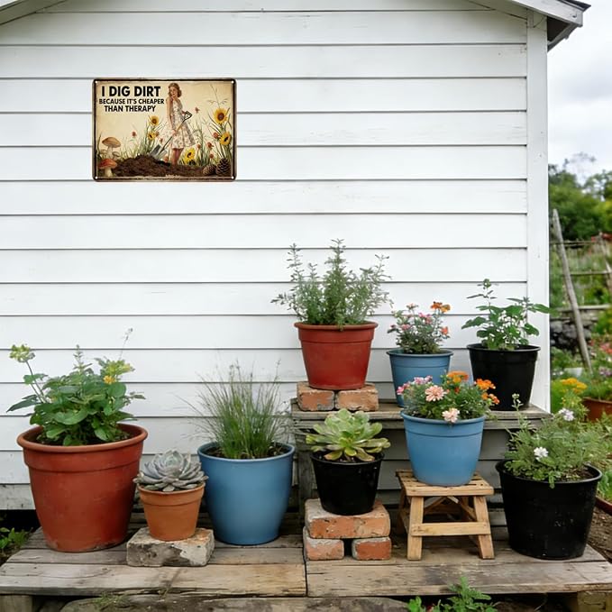Funny Garden Sign Vintage "I DIG DIRT" Outdoor Decor Rustic 8x12 Inch Tin Sign for Garden, Patio, She Shed, Gift for Plant Lovers Gardeners FFXQCTFF (3002)