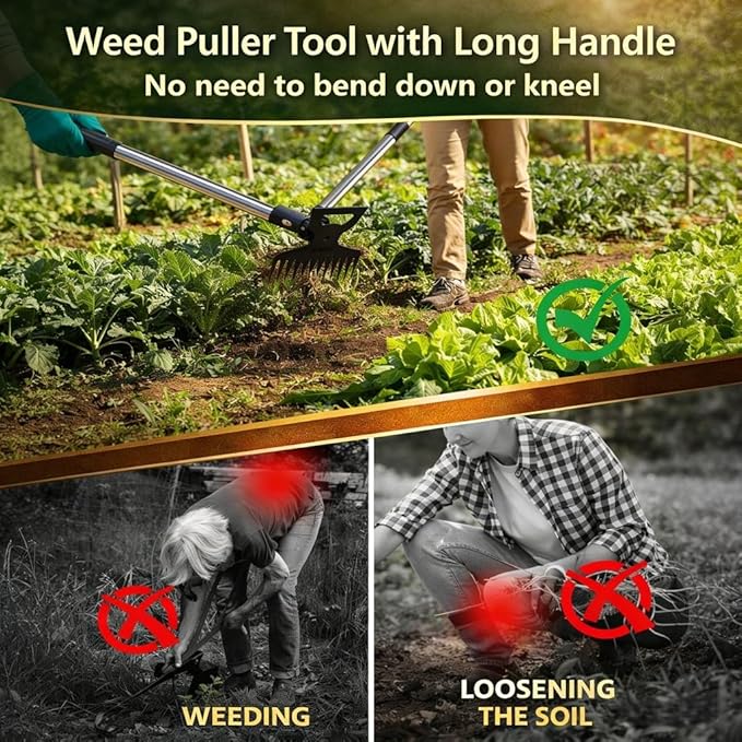 Weed Puller Tool with 61" Long Handle, 2-in-1 Garden Hoe & Weed Rake, Heavy Duty Manual Weeder for Yard, Lawn, Patio and Garden