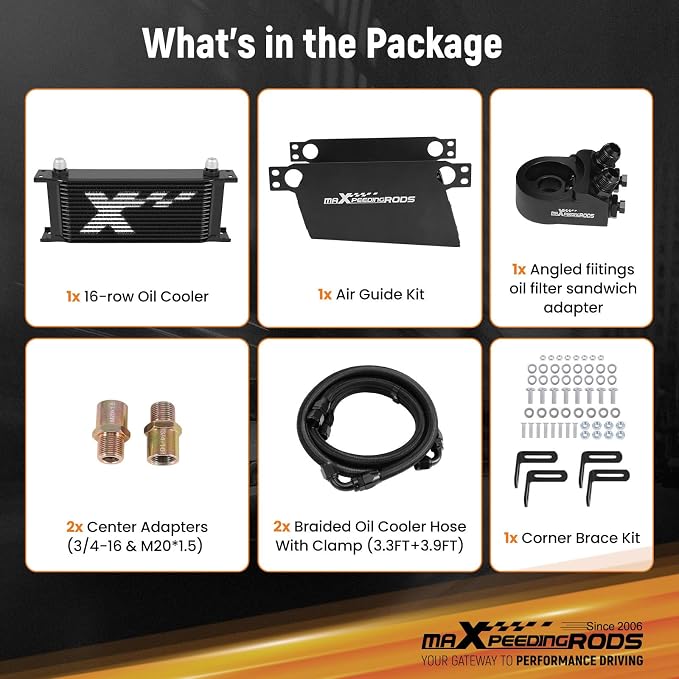 maXpeedingrods 16 Row Engine Oil Cooler Kit, 10AN Transmission Engine Cooler British Radiator Universal Aluminium Black, Thermostatic Oil Filter Sandwich Adapter, Air Guide Kit and Oil Cooler Hoses