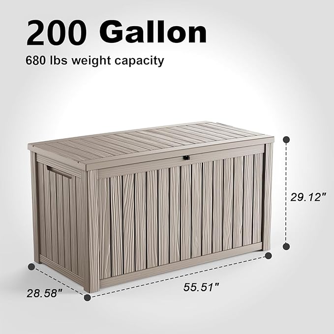 PatioZen 200 Gallon Resin Deck Box, Lockable Patio Outdoor Storage Box for Furniture, Garden Tools and Tools Storage, Waterproof Outside Storage Boxes - Grey