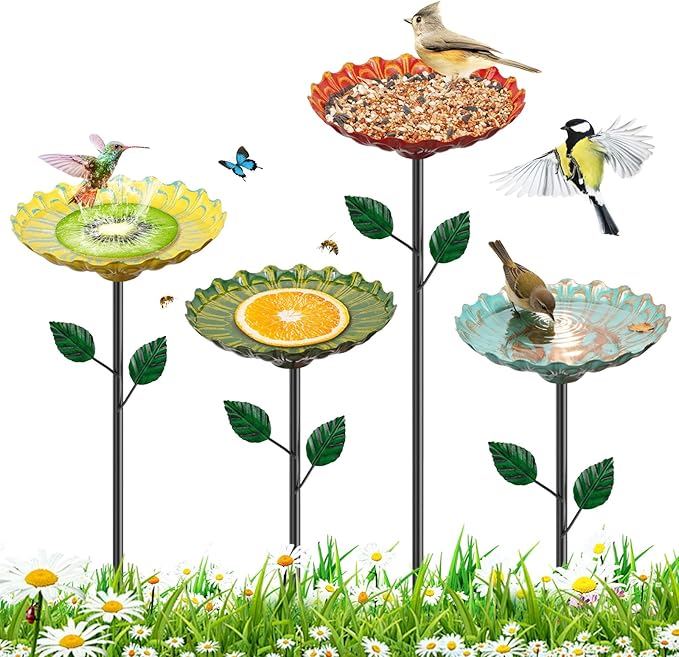 4PCS Flower Bird Baths for Outside, 5.9" Metal Hummingbird Bath with Adjustable Stake, Colorful Garden Birdbath Decor Set for Outdoors Yard Lawn Patio(4PCS Sunflower)