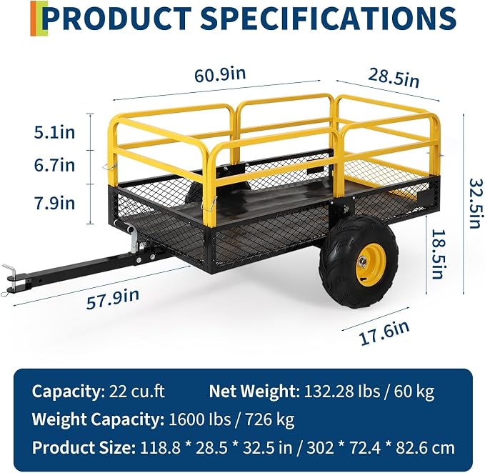 22 Cu.Ft 1600Lbs Steel ATV UTV Trailer Tow Behind Dump Cart, Heavy Duty Pull Behind Utility Dump Trailer for Lawn Mower Trailer Tractor Garden Yard with Removable Rear Panel