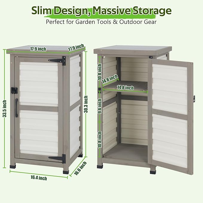 Small Outdoor Storage Cabinet with Metal Top, 2-Tier Patio Potting Bench & Garden Tool Organizer, Adjustable Shelf Corner Storage Cabinet for Balcony Backyard Porch