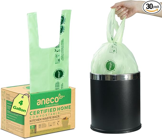 ANECO 4 Gallon Compostable Food Waste Bags with Handles, 30 Count | Extra Thick, For Medium Kitchen Garbage/Bathroom Bin, OK Compost HOME Certified, BPI Certified