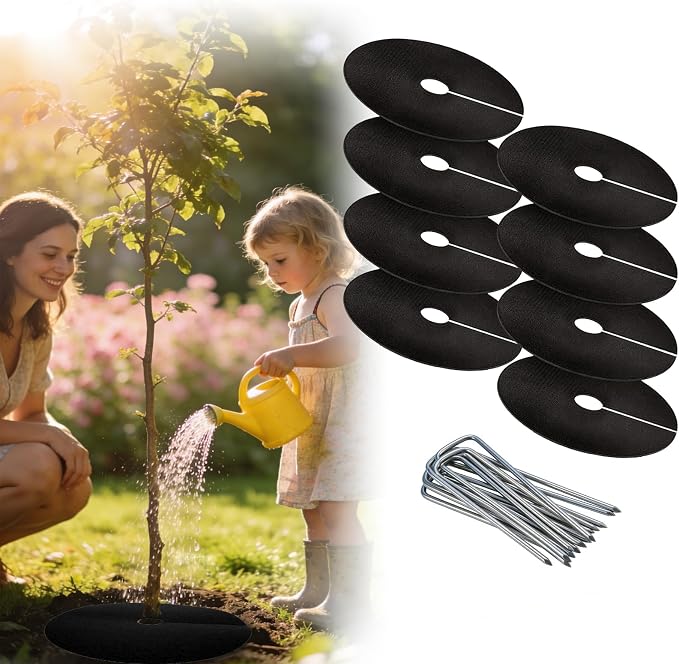 8 Packs Tree Mulch Ring - 16.5” Non-Woven Degradable Landscape Barrier Mat with Stakes, Tree Protector Ring, Tree Mat Barrier Fabric for Root Protection for Garden Patio Orchard Landscaping