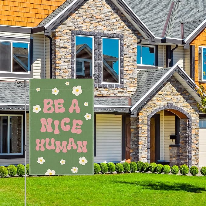 Perfectinsoy Be A Nice Human Garden Flag, Kindness Yard Flag, Community Welcome House Yard Home Holiday Farmhouse Patio Porch Lawn Decor, Floral Garden Flag Gifts, Be Nice Garden Banner