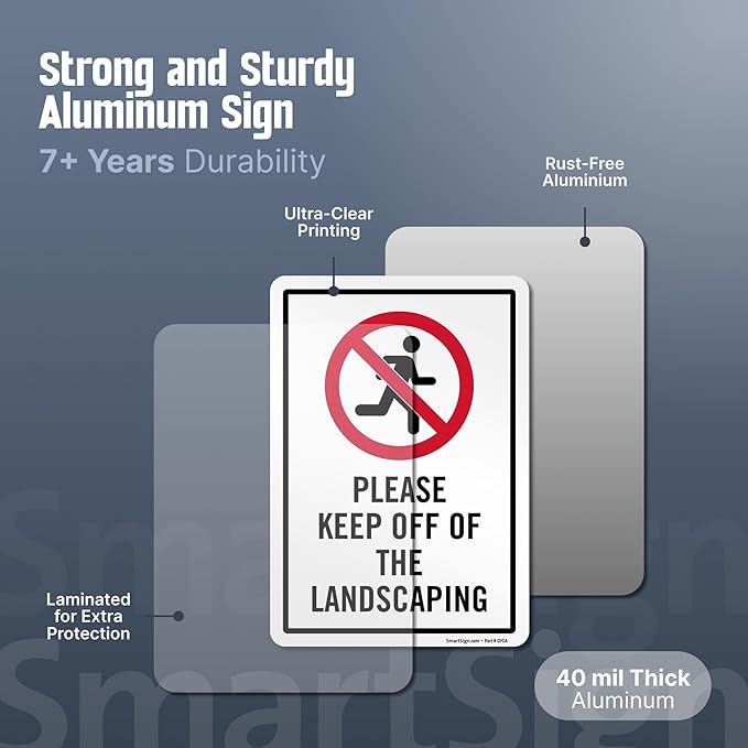 SmartSign 10 x 7 inch “Please Keep Off Of The Landscaping” LawnPuppy Yard Sign and 18 inch Stake Kit, 40 mil Laminated Rustproof Aluminum, Red, Black and White, Set of 1