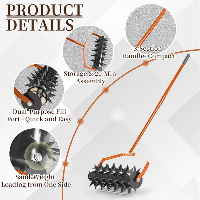 18in Rolling Lawn Aerator, Heavy Duty Manual Aerator Lawn Tool, Lawn Spike Aerator Roller with Adjustable Handle, Soil Penetrator Push Lawn Aeration for Garden Yard Patio (Orange)