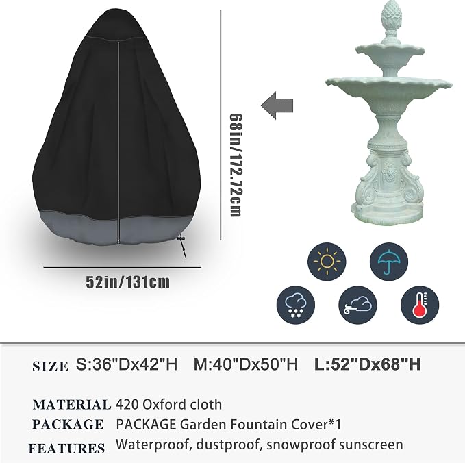 MBOOM Fountain Cover 52"x68", Heavy Duty 600D Oxford Waterproof Windproof & Dustproof Garden Fountain Cover for Winter Protection, Black and Gray Splice for Backyard Patio Use