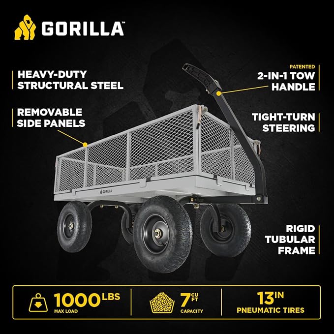 Gorilla Carts Steel Utility Garden Cart, 1,000-Pound Capacity, Gray - Heavy-Duty Outdoor Wagon with Removable Sides, 13-Inch Pneumatic Tires, and Convertible Pull or Tow Handle