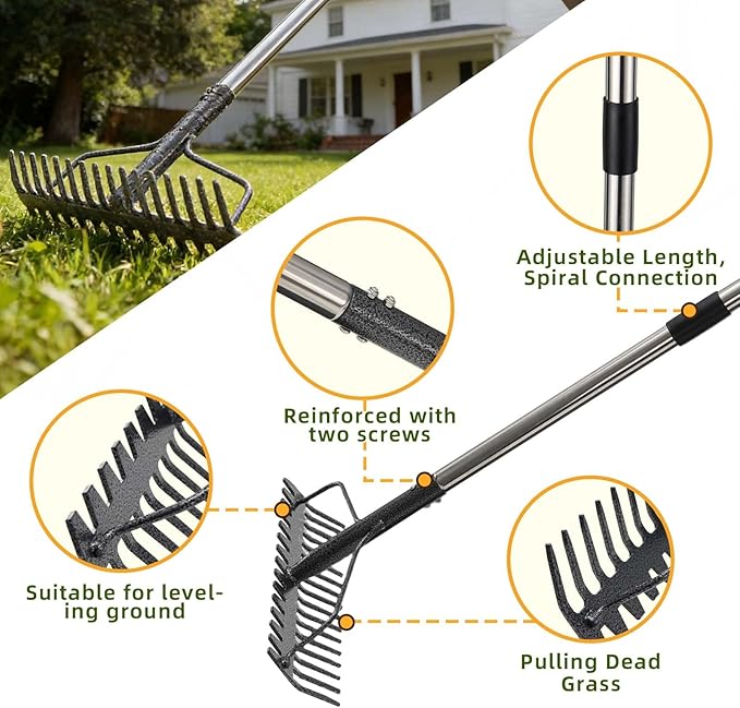 Bow Rake , 2-in-1 77in Metal Garden Lawn Rake for Weeding Digger Loosening Soil Raking Leaf Leveling Rocks Spreading Mulch Gravel 17 Tines Adjustable Garden Rake (77 Inch)