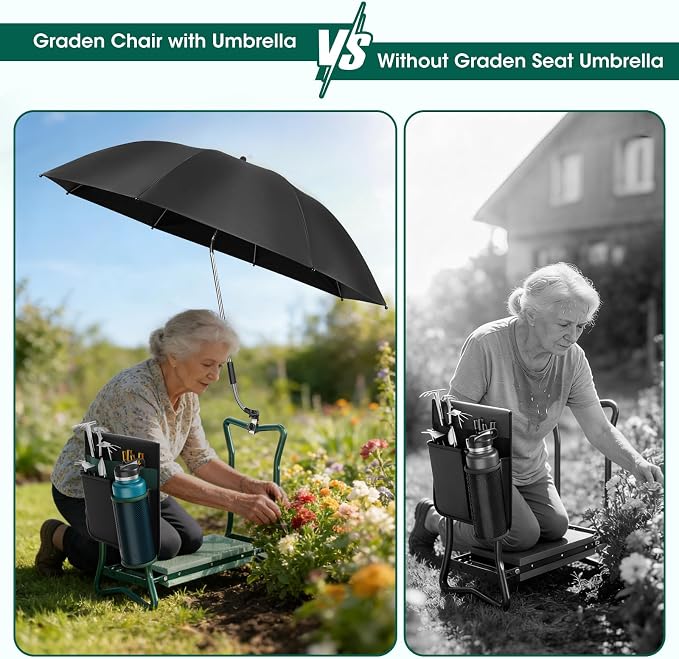 OAOA innovation 2-in-1 Garden Kneeler with Umbrella, Kneeling Bench & Black Umbrella, Portable Stool 330lb Capacity, Garden Tools Bag with Bottle Holder, Gardening Gift for Men Women Seniors