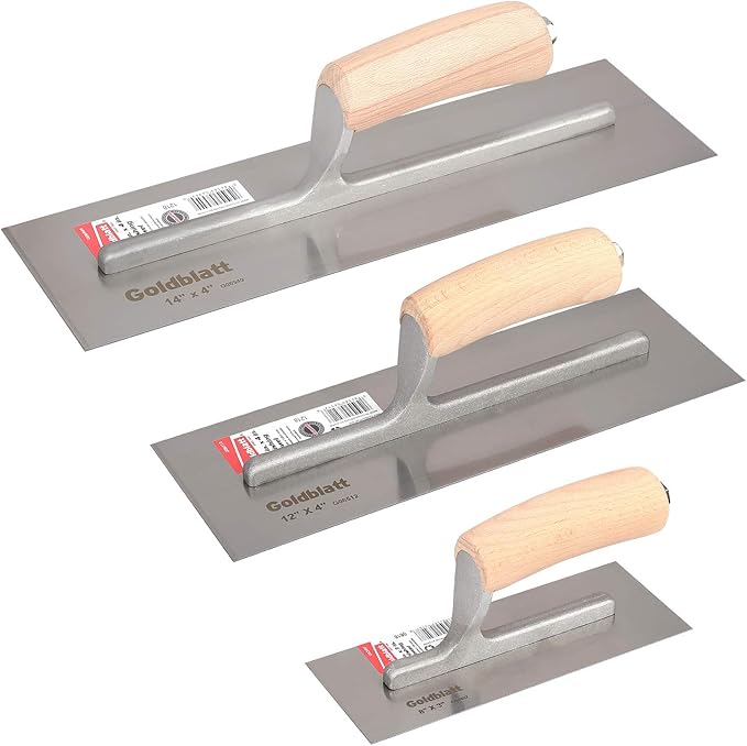 Goldblatt 3 Pieces Drywall Trowel, Carbon Steel Finishing Masonry Trowel Set Includes 14'' x 4'', 12'' x 4'', 8'' x 3'', Lightweight Wood Handle, Plastering Trowel for Sheetrock Wallboard Plasterboard