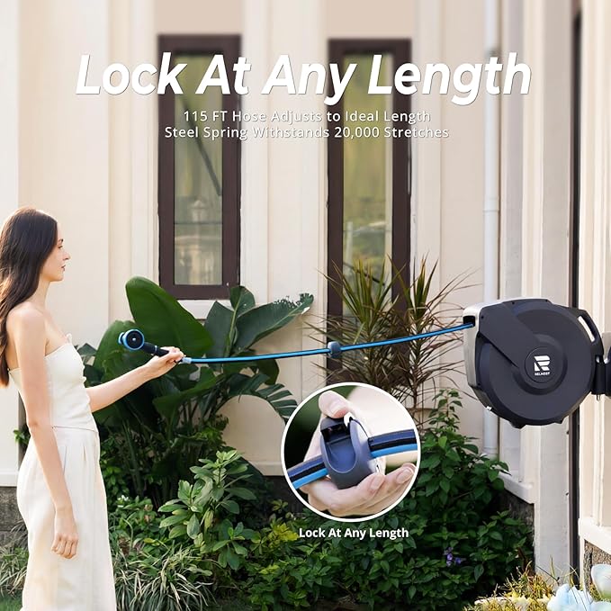 Relhost Garden Hose Reel 115 ft x 5/8 in, Retractable Heavy Duty Hose Reel with Any Length Lock, Auto Rewind System, 180° Metal Swivel Bracket, 10-Pattern Garden Hose Nozzle, Dark Grey