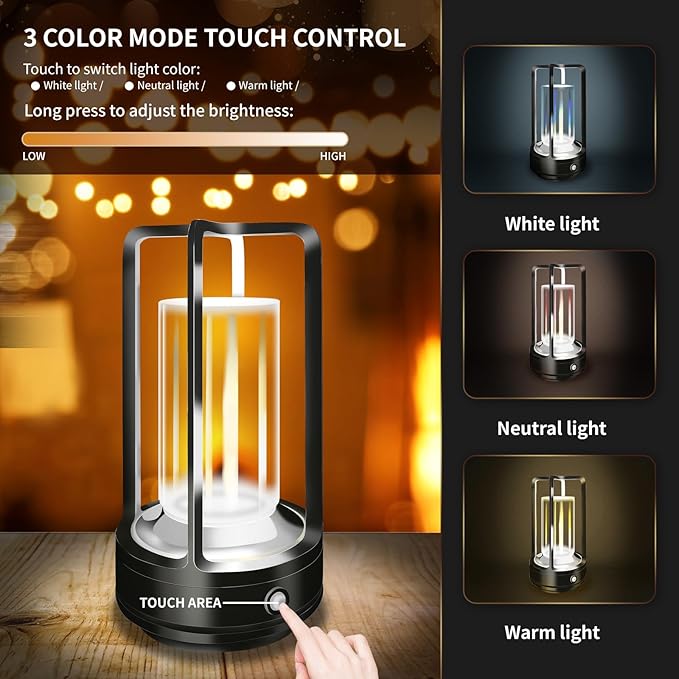 Set of 2 Cordless Table Lamps, LED Rechargeable Table Lamp with 3 Color Stepless Dimmable, Indoor/ Outdoor Table lamp for Patio/ Camping/ Bar/ Coffee/ Restaurant/ Home (Black 2 Pcs)