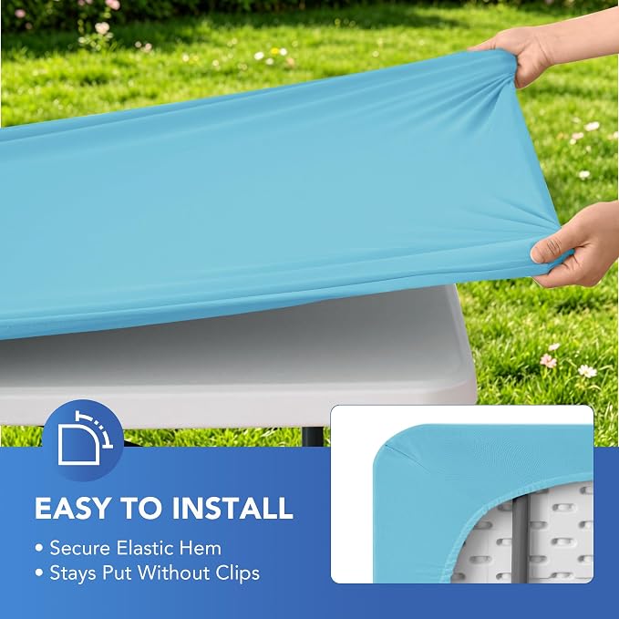 Spandex Table Cover for 6 Foot Rectangle Tables-4 Pack Light Blue Outdoor Picnic Elastic Table Cover-Spandex Stretch Folding Table Cloths for Camping Dining Room Patio Kitchen Banquet Party