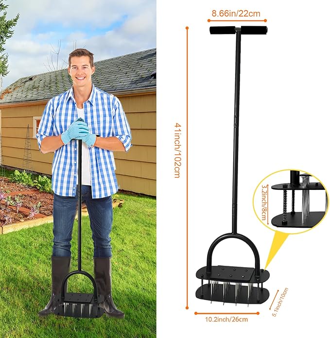 Aerator Lawn Tool, 16 Iron Spikes Manual Lawn Aerators with 3-Layer Anti-Loose Cover & Spring Auto Soil Clean, Yard Grass Aerator for Healthier Lawn, Garden Tool, Pre-Assembled Base for Easy Setup