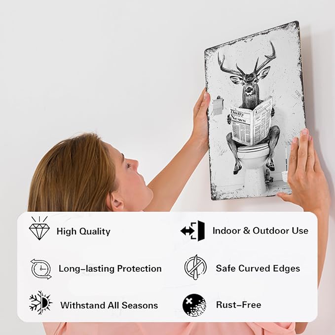 Deer Metal Tin Sign Funny Toilet Vintage Sign for Perfect Black and White Bathroom Decor 12 * 8in