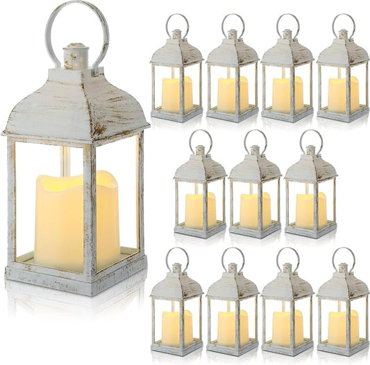 12 Set 10 Inch White Decorative Candle Lanterns Bulk Lanterns Centerpiece with LED Flameless Candle Indoor Outdoor Battery Powered Hanging Lights for Wedding Father Day Party Decoration