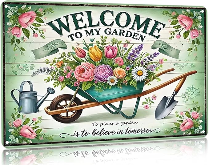 Gardening Gifts for Women, Welcome to My Garden Sign, Vintage Decorative Metal Decor for Outside, Tin Signs for Yard Wall, Outdoor Gardening Gift, 8x12 Inch