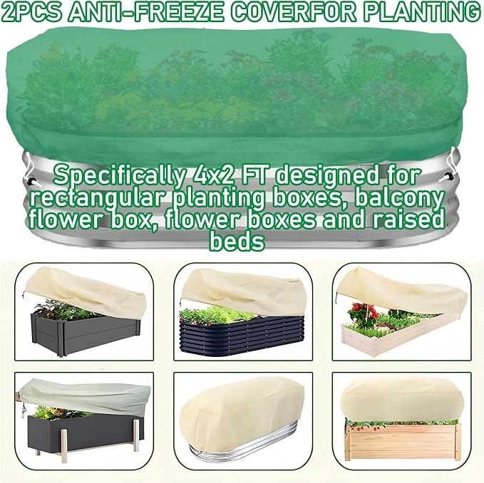 Plant Covers Freeze Protection 2 Pack Rectangular Planter Frost Fabric for Raised Beds with Drawstring 2.82oz/yd² Reusable Raised Beds Frost Cloth for Winter Outdoor Plants (Green,for Cover a 4x2x1ft)