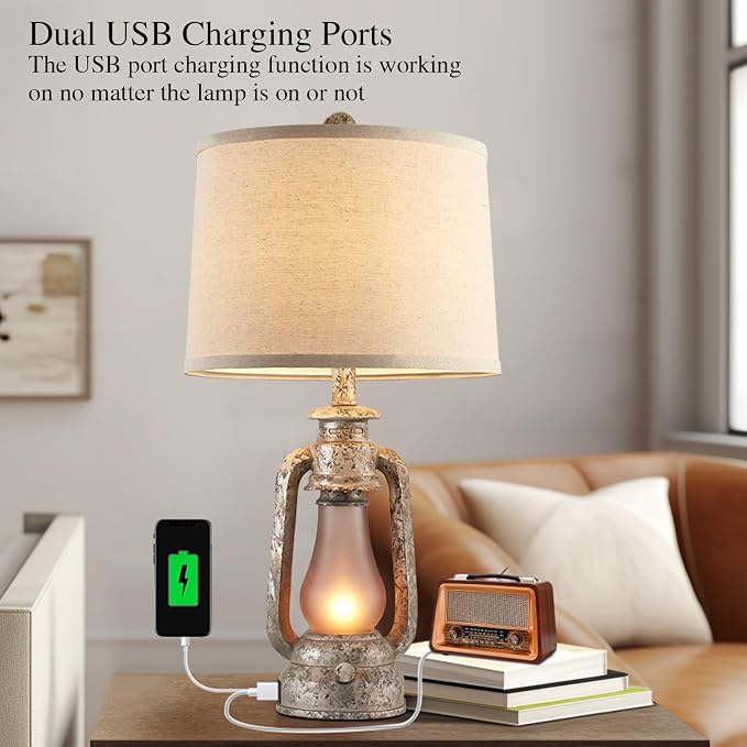 Farmhouse Rustic Table Lamps Set of 2, Iron Gray | Vintage Lantern Design, Dual USB Ports, 25 Inch Tall, 4 Bulbs Included