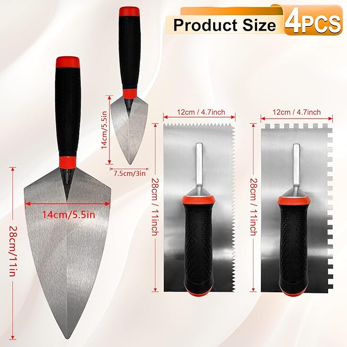 Concrete Tools 4pcs/Set,Plastering Trowel 2pcs, Masonry Trowels 2pcs, Masonry Hand Kit for Wall Floor Tiling Installation