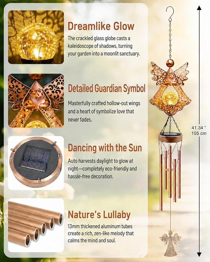 Solar Angel Wind Chimes for Outside: Melodious Birthday Gifts for Mom Women Grandma Her Wife - Weatherproof Metal Outdoor Decor Easy Hanging for Garden Patio Tree Window Memorial