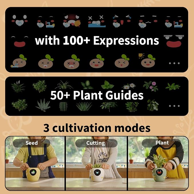 Plantbot Upgraded Large Smart Flower Pot Pet Planter Robot with Artificial Intelligence, Time Temperature Display, and Numerous Expressive Animations Based, for Indoor Decoration, Gifts (White)