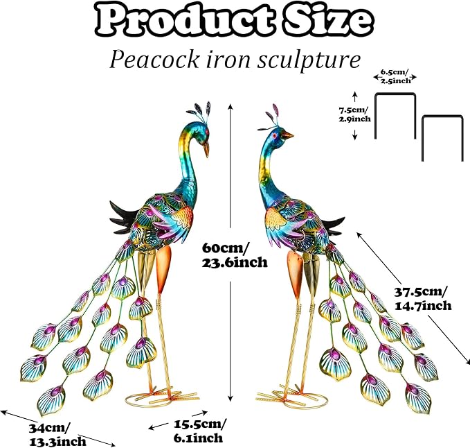 XONOR Metal Peacock Garden Statues Peacock Yard Art Outdoor Sculptures for Home Patio Lawn Backyard Décor, Set of 2