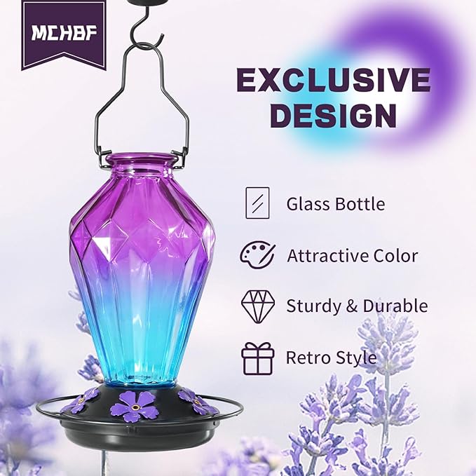 2 Pack Glass Hummingbird Feeder for Outdoors Hanging, 25Oz Humming Bird Nectar Feeder, Perch, 5 Flower Feeding Ports, Leak Proof Base, Hook for Outside Garden Backyard, Diamond Purple