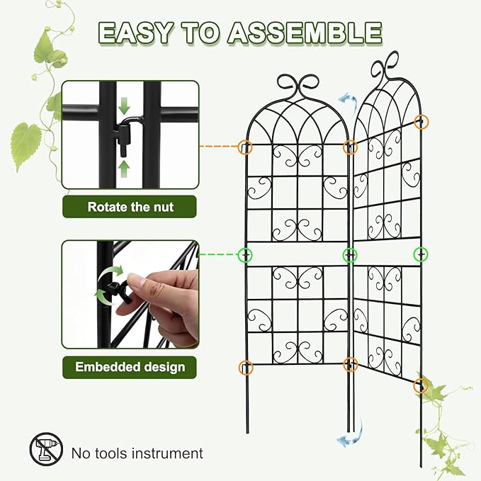 YOBAZAN 4 Pack 72x20in Rustic Iron Arch Decoration Garden Trellis with Black Metal Coating – Perfect for Supporting Climbing Plants Outdoor, Roses, Vines, Flowers, and Vegetables.