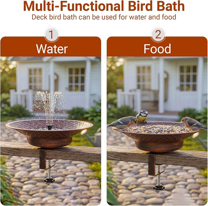 12.6" Deck Mounted Bird Bath for Outside, Metal Solar Powered Bird Bath Fountain, Heavy Duty Railing Clamp for Balcony Fence, Detachable Deck Bird Bath for Garden