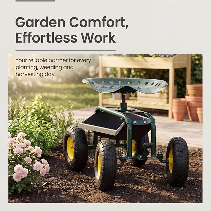 Kintness Garden Cart Rolling Wagon Scooter for Planting Swivel Work Seat with Tool Storage Utility Basket, Garden Scooter with 10" inch Wheel for Garden