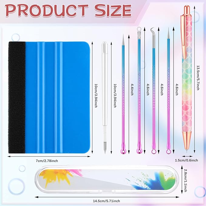 Chumia 8 Pieces Pin Pen Weeding Tool Vinyl Weeding Tool with Rainbow Retractable Air Release Pen and Refill Vinyl Squeegee Tweezers Weeders for Lettering Cutting Splicing Accessories