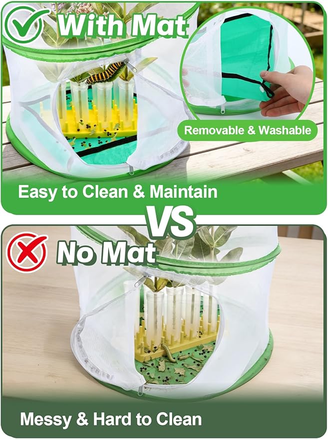 Complete Butterfly Habitat Kit - 14" W x 20" H Large Collapsible Mesh Growing Cage & Hydroponic Feeding Tubes/Rack Holder & Messproof Mat & Guide, Easy to Set Up, Monarch Caterpillars Enclosure House