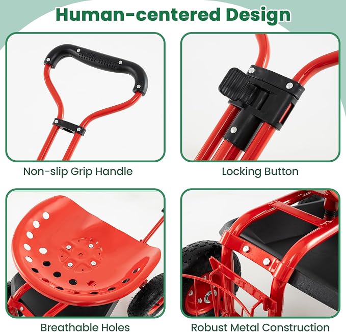 Giantex Rolling Garden Workseat with Wheels, 360 Degree Swivel Gardening Stool Cart with Storage Basket, Adjustable Height, Steering Handle, Steel Frame, Outdoor Work Seat for Planting Triming (Red)