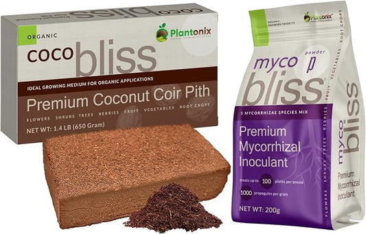 Coco Coir Brick (650gms) + Myco Bliss Powder (200 g) - Organic Coco Coir for Plants & Mycorrhizae for Plants - Mycorrhizal Fungi Inoculant - Coconut Coir for Gardening - Garden Soil Potting Soil Mix