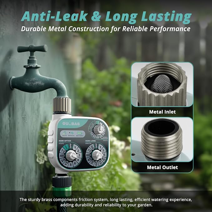 QUOBAS Mechanical Dial Hose Timer, Waterproof Sprinkler Timer with Rain Delay/Auto/Manual Modes for Drip Irrigation System, Pool, Lawn, Durable Metal Fittings, Easy Set 3-Dial Program, Battery Powered