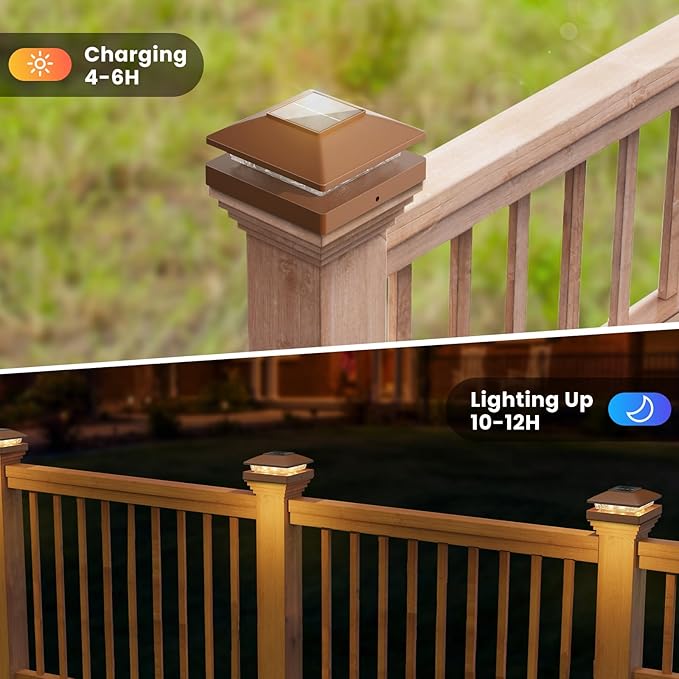 Solar Post Cap Lights Outdoor 6pack, Brown Waterproof Solar Powered Deck Fence Post Lights Fit 4x4 Wood/Vinyl Posts, Bright Warm White Solar Post Lights Decorate Deck, Patio, Porch, Fence (6pack)