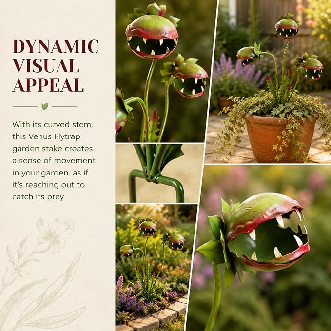Whimsical Metal Carnivorous Plant Garden Stake, 25-inch Large Venus Flytrap Monster Plant Sculpture, Fun Outdoor Decorative Art Pieces for Lawns, Flower Pots, Flower Beds, Patios