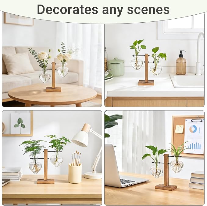 Mkono Heart Shaped Propagation Station with Wood Stand, Glass Hydroponic Planter Desktop Plant Terrarium for Home Office Decor, Gifts for Plant Lovers - 2 Love Bulb Pot Vase