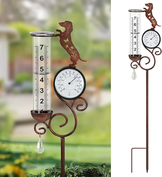 Dog Rain Gauge Outdoor,Large Number Scale Rain Gauge with Temperature & Hygrometer Metal Dachshund Garden Stakes for Outside,Lawn,Yard,Patio,Farm