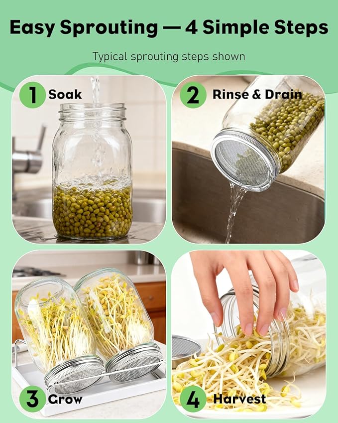 Pawfly Sprouting Kit, Wide Mouth 1 Quart (1000 mL) Mason Jars, Sprouting Jar Kit with Stainless Steel Mesh Sprouting Lids, Sprouts Growing Kit, Seed Sprouter for Broccoli, Mung Bean & Alfalfa