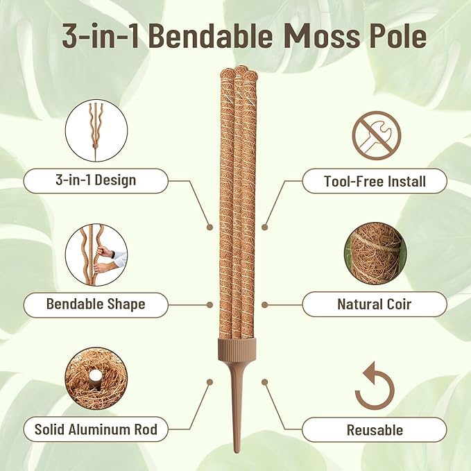 3-in-1 Moss Pole Monstera, Bendable Plant Support, 29.9Inch Moss Poles for Climbing Plants, Plant Stakes for Indoor Plants, Plant Support for Monstera, Pothos - 1 Pack
