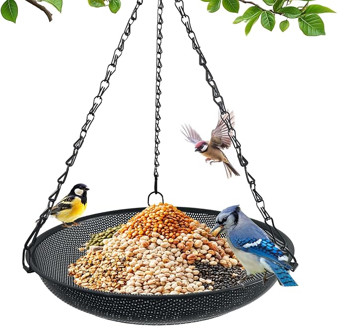 Hanging Platform Bird Feeder, 12 in, Black | Metal Mesh Seed Tray, For Wild Birds, Outdoor Use