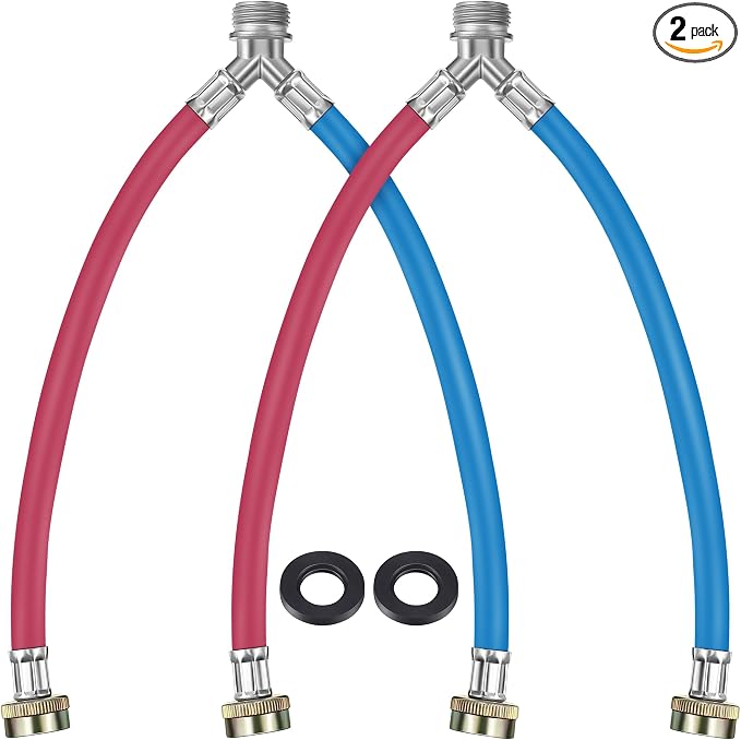 Dreyoo Rubber Washing Machine Y Hose, 3/4 Inch Brass Fittings, 1 ft (12 Inch) Hot and Cold Water Supply Y Mixer Hose Connector for Washing Machines Outdoor Garden Faucets(Red Blue, 2 Pcs)