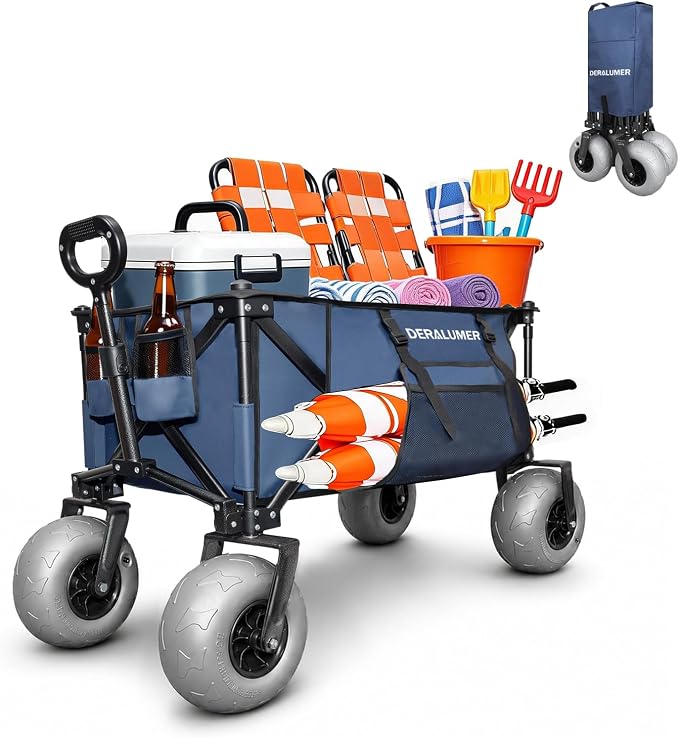 X800 Heavy Duty Beach Wagon with 9x4 Balloon Wheels – 200L Foldable Wagon Cart, 41" Collapsible Utility Wagon with Side Bag for Beach Essentials, Sports, Camping & Outdoor (Navy Blue)